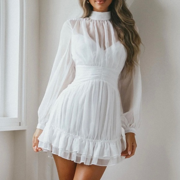 HIGH NECK LONG SLEEVE WAISTBAND DRESS WHITE - Picture 2 of 3